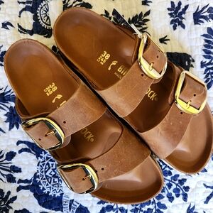 Birkenstock Arizona Big Buckle Slide Sandal in Antique Cognac Oiled Leather